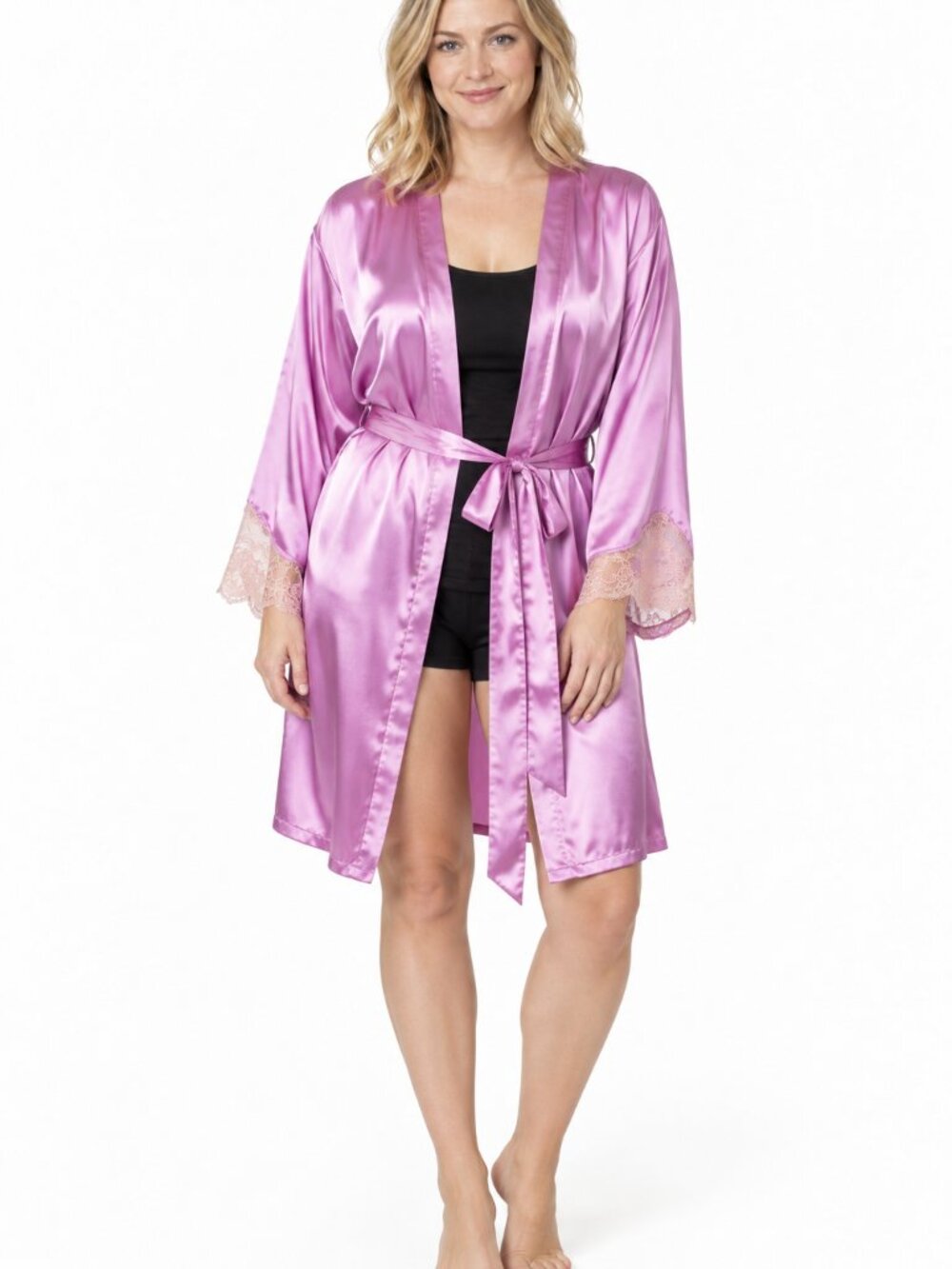 Jones New York Pink Satin Robe with Lace Cuffs — L/XL